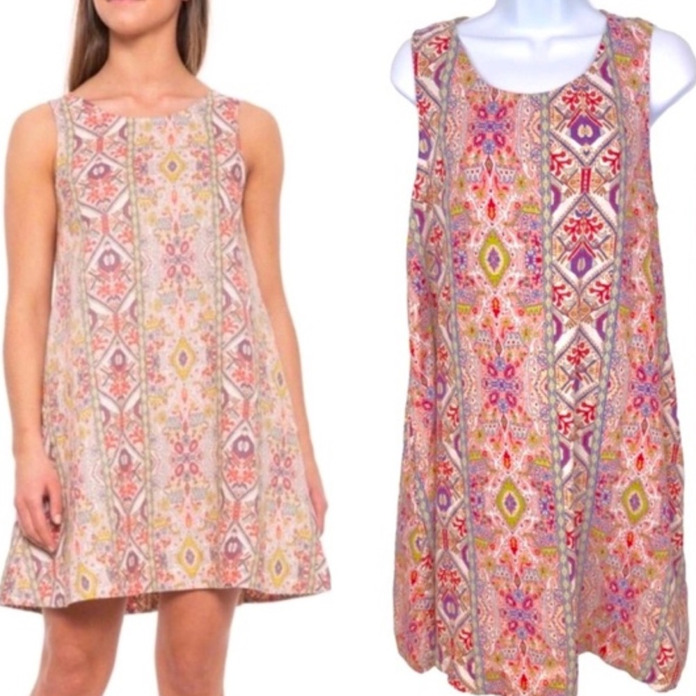 Rachel Zoe Linen Boho Keyhole Trapeze Colorful Sleeveless Patterned Dress. SizeL